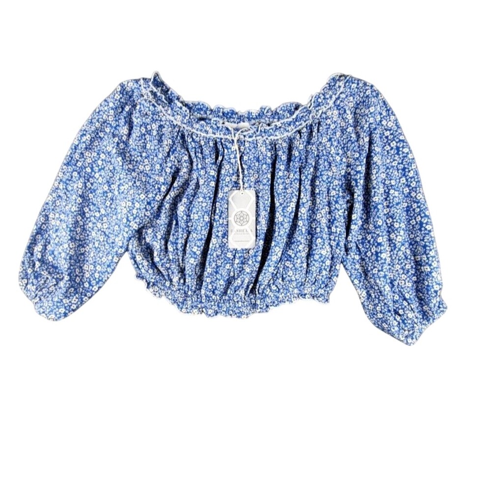 Bohera Blouse Womens Large Blue Floral Off Shoulder Cropped 3/4 Sleeve Top